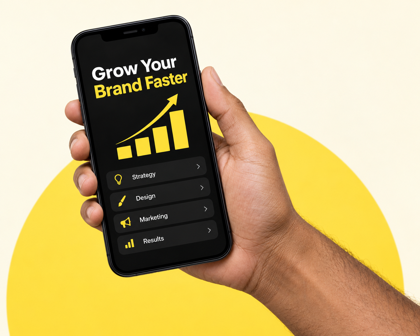 A hand holding a black smartphone displaying a yellow and black marketing interface.