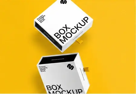 White box packaging mockups against a yellow background.