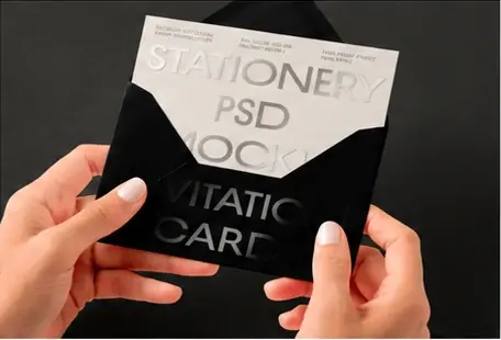 Hands holding black invitation stationery and a white embossed card.