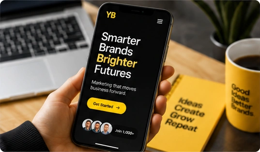 A hand holding a phone with a black and yellow brand website beside a laptop, notebook, and mug.