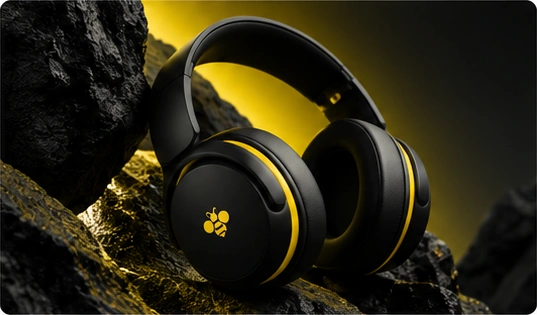 Black headphones with yellow accents displayed against dark rock and a yellow backdrop.