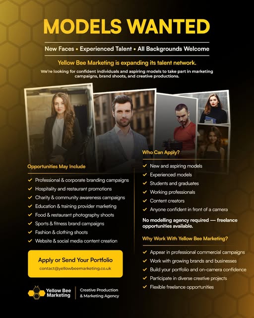 Yellow Bee Marketing Models Wanted campaign poster.