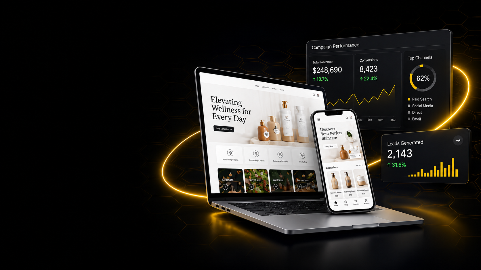 Marketing campaign dashboards displayed alongside an ecommerce website on a laptop and phone